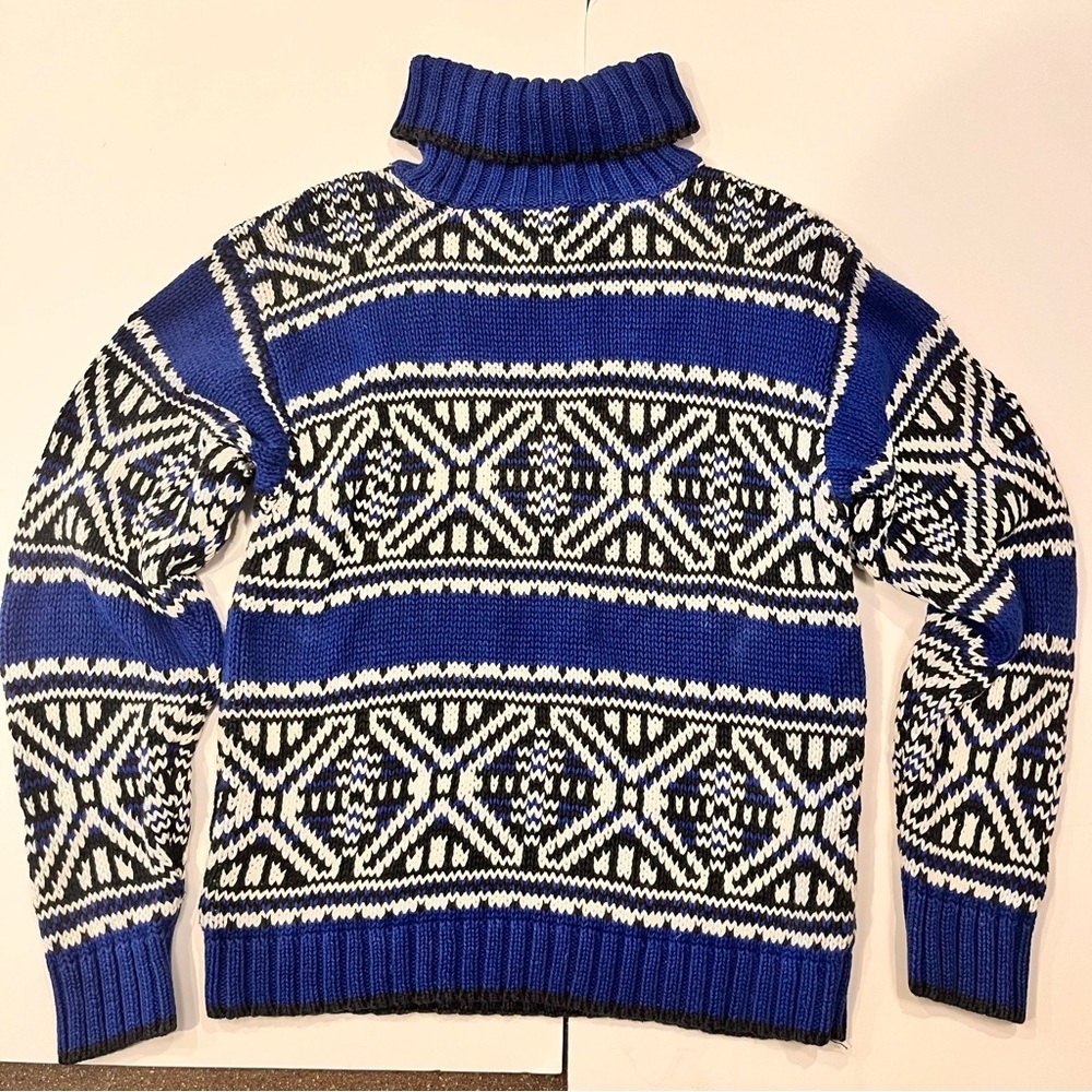 Vintage Women’s Sweater Turtleneck M Petite Ski Fair-isle Blue Black white 90’s